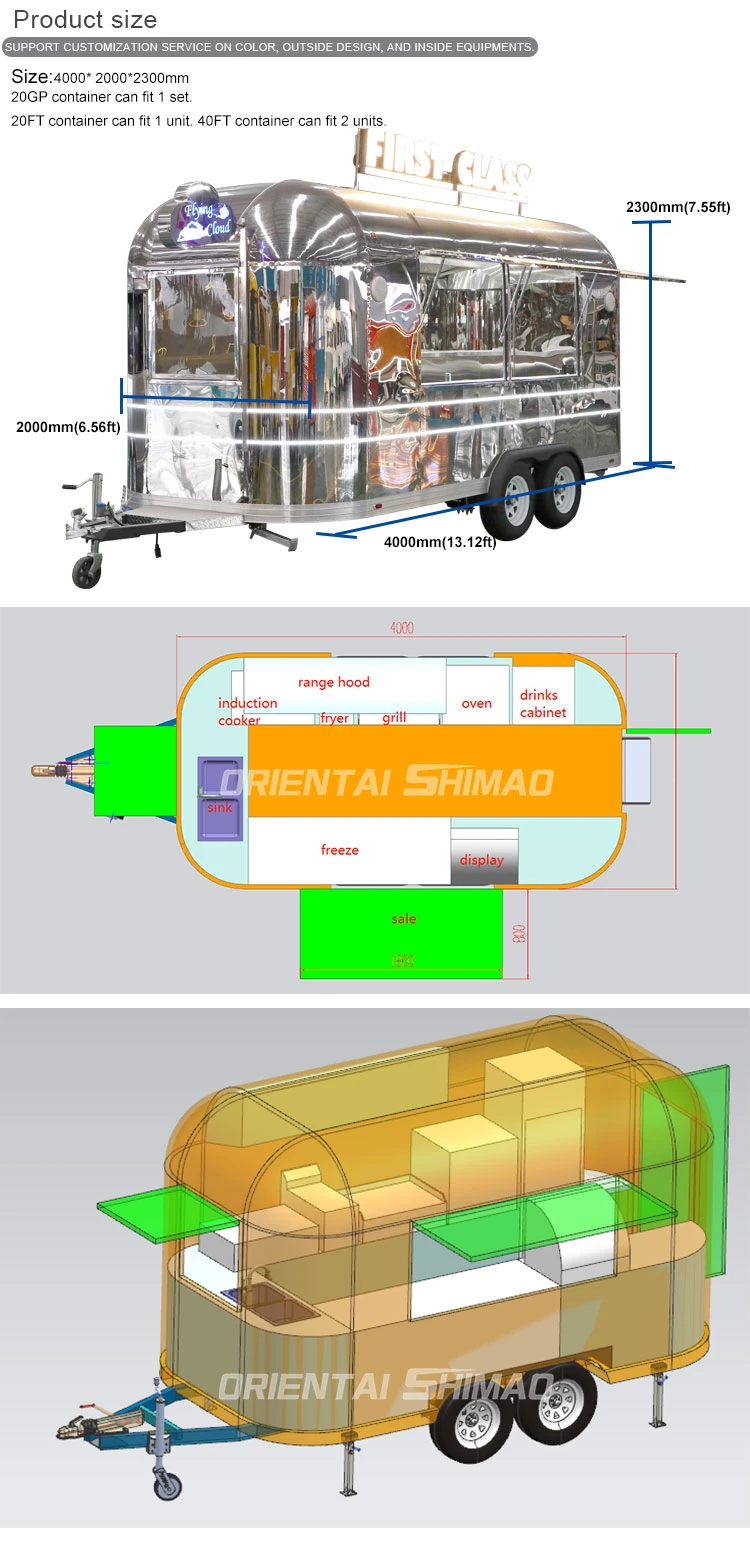 Oriental Shimao Airstream Stainless Steel Mobile Concession Snack Fast Food Trailer Electric Catering Coffee Camper Trailer